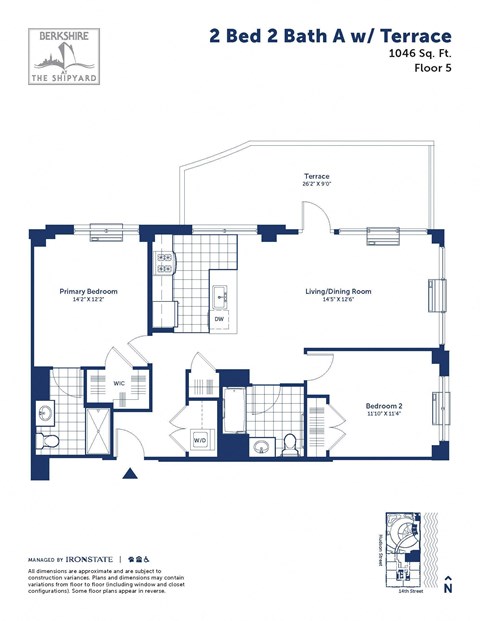 Floor plan for 2 beds, 2 baths, 1046 sqft
